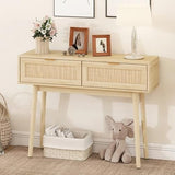 YMBSBUY Rattan Console Table with 2 Drawer, Boho Narrow Sofa Table Entryway Table, Wood Skinny Farmhouse Vanity Desk, Long Small Entry Table for Hallway, Entrance, Living Room, Bedroom, 40 inch, Oak YMBSBUY