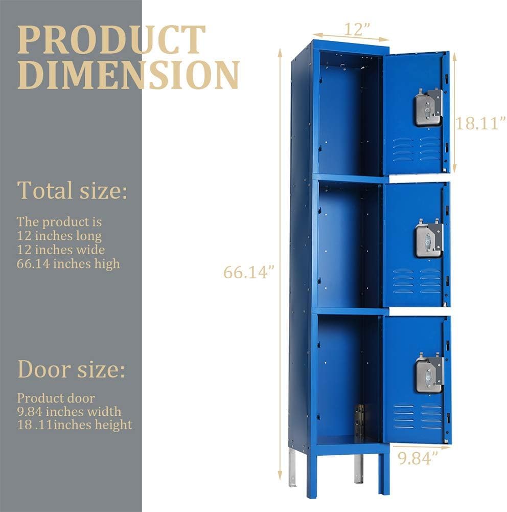 Greenvelly Metal Locker with 3 Doors, Tall Steel Storage Locker Cabinet for Employees, gym locker Storage Cabinets with lock and adjustable shelves for School, Home, Office, Garage (Black) Greenvelly