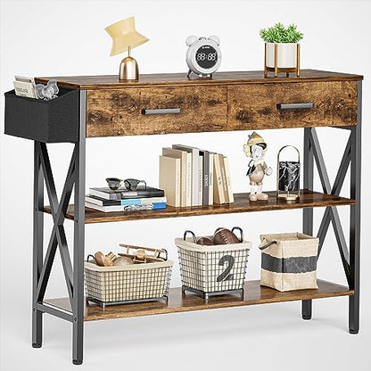 Gizoon 39" Rustic Brown Industrial Console Table with 2 Drawers and 3-Tier Storage Shelves - WoodArtSupply