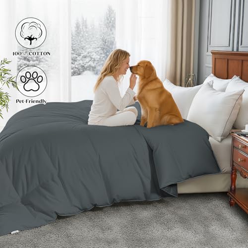 Goose Feather Comforter Queen Size, Duvet Insert All Season Queen, Bed Comforter Quilted Hotel Luxury Fluffy 100% Cotton Blanket with 8 Corner Tabs, 90 x 90 Inch, Grey, Machine Washable Deodar