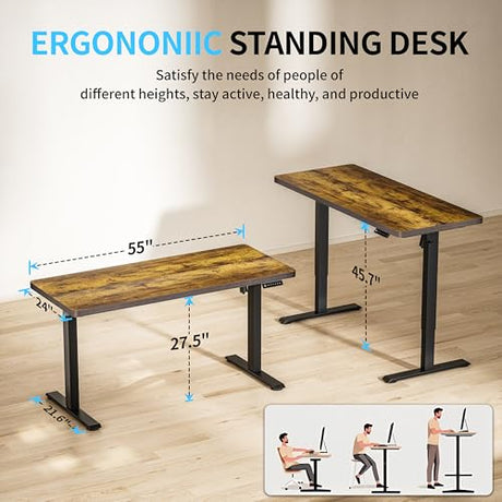 BIZUM Electric Standing Desk, 55" x 24" Height Adjustable Desk, Rustic Brown Sit to Stand Desk Memory Gaming Computer Workstation for Home Office BIZUM