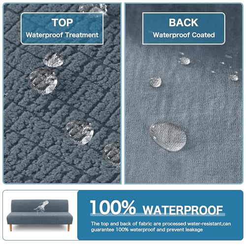H.VERSAILTEX 100% Waterproof Stretch Futon Slipcover Armless Sofa Cover Furniture Protector Without Armrests Slipcover Soft with Elastic Bottom for Kids, Spandex Jacquard Small Checks, Stone Blue H.VERSAILTEX