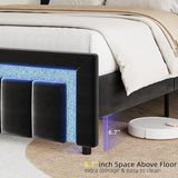 HOMBCK Full Size Bed Frame with LED Lights and Velvet Upholstered Headboard, Bed Frame Full with Modern Diamond Headboard Adjustable, Wooden Slats Support, Noise Free, No Box Spring Needed, Black HOMBCK