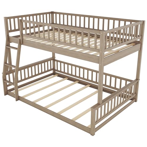 Merax Full XL Over Queen Floor Bunk Bed, Kids Bedroom Brown Wooden Bunk Bed Frame, Convertible to 2 Separated Beds with Trundle, Ladder & Guardrail for Teens, Wood Slat Support, Easy Assembly, Brown Merax
