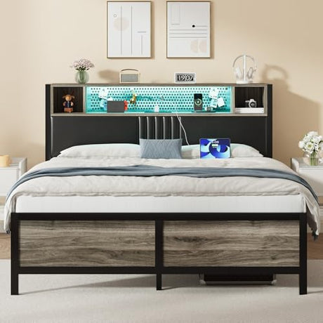Full Size Bed Frame with LED Light and Charging Station, Full Size Platform Bed Frame with Strong Metal Slat Support, Upholstered Headboard, No Box Spring Needed, Noise-Free, Easy Assembly, Wash Grey IMMERSTABLE