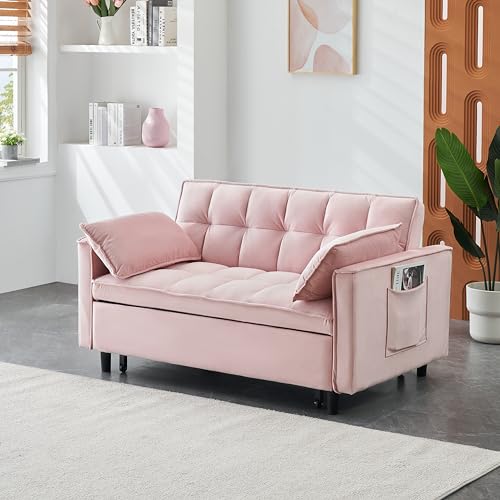 KEIKI Full Size Futon, 3 in 1 Convertible Sleeper with Reclining Backrest, Toss Pillows and Pockets, Small Velvet Loveseat Lounge, Pull-Out for Living Room, Pink KEIKI