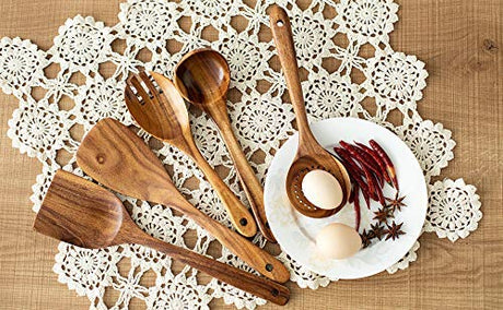 Wooden Kitchen Utensils Set, 5 PCs Natural Acacia Spurtle Set for Non-stick Pan Kitchen Tool Ladle and Wok Spatulas, Salad fork TEZZ