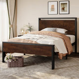 SHA CERLIN 14 Inch Twin Size Metal Platform Bed Frame with Wooden Headboard and Footboard, Mattress Foundation, No Box Spring Needed, Large Under Bed Storage, Heavy Duty Slats Support, Mahogany SHA CERLIN