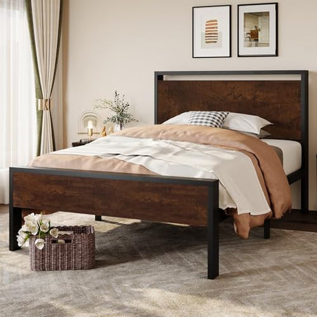SHA CERLIN 14 Inch Twin Size Metal Platform Bed Frame with Wooden Headboard and Footboard, Mattress Foundation, No Box Spring Needed, Large Under Bed Storage, Heavy Duty Slats Support, Mahogany SHA CERLIN