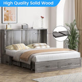 PUREMIND Murphy Bed Queen with Mattress Included, Bedroom Cabinet Beds with USB Charging Station, Murphy Chest Bed with Storage Drawers, Horizontal Wallbed for Guest Room Grey PUREMIND