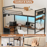 KSOBEBVT Twin Loft Bed with Desk, Gaming Bunk Bed with Stairs, Metal Loft Bed Heavy Duty Loft Beds for Adults, 3 Fabric Drawers, LED Lights & Charging Sation, No Noise & No Box Spring Needed, Black KSOBEBVT
