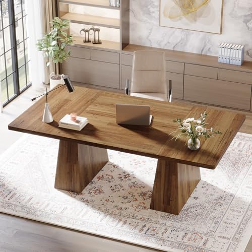 Tribesigns 63-Inch Executive Desk, Large Office Computer Desk with Double Pedestal, Modern Simple Workstations Writing Table Conference Table Business Furniture for Home Office, Light Brown Tribesigns