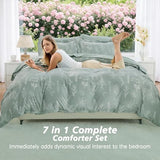 MUXHOMO Queen Comforter Set 7 Pieces, Sage Green Bed in a Bag Queen Reversible Botanical Flowers Design, Ultra Soft & Breathable Bedding Sets with Comforter, Sheets, Pillowcases & Shams MUXHOMO