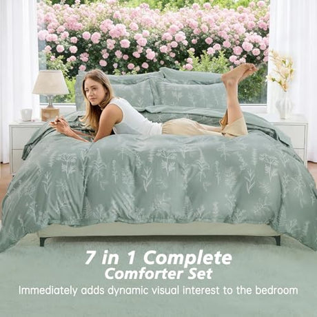 MUXHOMO Full Comforter Set, Sage Green Elegant Floral Print Bed in a Bag 7 Pieces, Ultra Soft & Breathable Reversible Botanical Pattern Bedding Set with Comforter, Sheets, Pillowcases, and Shams MUXHOMO