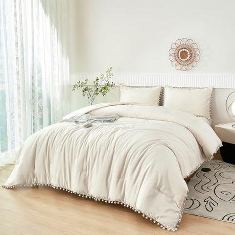PERFEMET Beige Bed in A Bag Full Size 5 Pieces Aesthetic Pom Pom Bedding with Sheet Set Soft Fluffy Cream Boho Solid Bed Set for All Seasons(Beige Cream, Full) PERFEMET