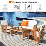Tangkula Outdoor 4 Pcs Acacia Wood Sofa Set w/Water Resistant Cushions, Padded Patio Seating Chat Set w/Coffee Table for Garden, Backyard, Poolside (1, White) Tangkula