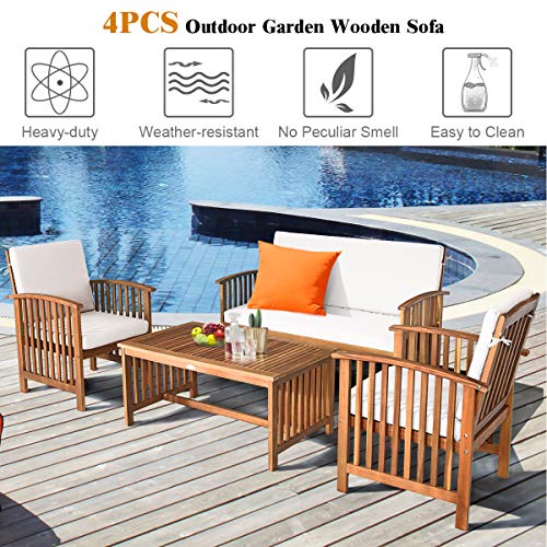 Tangkula Outdoor 4 Pcs Acacia Wood Sofa Set w/Water Resistant Cushions, Padded Patio Seating Chat Set w/Coffee Table for Garden, Backyard, Poolside (1, White) - WoodArtSupply