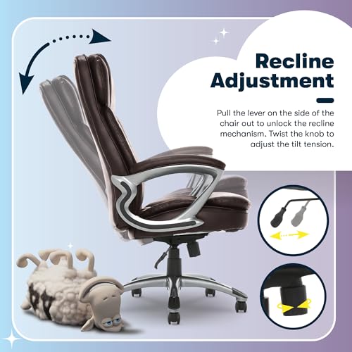 Serta Fairbanks Big & Tall Executive Office Chair, Ergonomic Comfy High-Back ComputerChairs with Lumbar Support, Semi-Plush Seat Cushion, Padded Armrests, Nylon Swivel Base, Bonded Leather, Brown Serta