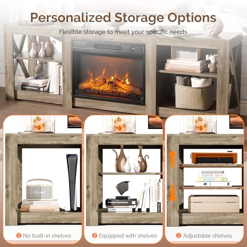 VINGLI Fireplace TV Stand for up to 80 inch TVs, Farmhouse Entertainment Center with Electric Fireplace Heater & Adjustable Shelves, Fireplace Media Console Table for Living Room, Gray Oak VINGLI