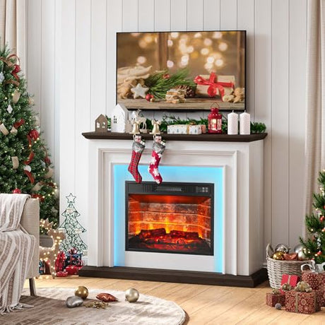 44 Inches LED Lights Electric Fireplace with Mantel, Tall Fireplace Heater Freestanding, Delicate Three-Dimensional molding with Remote Control Timer LED Flame for Living Room, Bedroom, White&Brown BOSHIRO