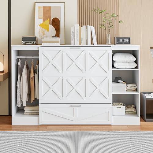 Merax Twin Size Murphy Bed with Bedside Shelves and Wardrobe, White Wooden Bed Frame with Large Drawer Merax