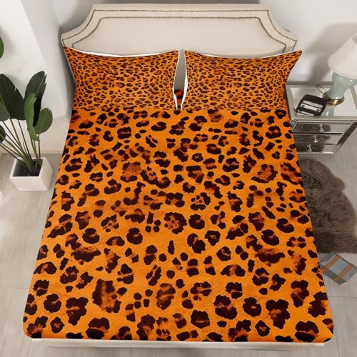 Feelyou Leopard Sheet Set King Cheetah Sheets with Deep Pocket Fitted Sheet for Boys Girls Teens Animal Print Bed Sheets Set Breathable Safari Bedding Set Room Decor Dark Orange Bed Set Feelyou