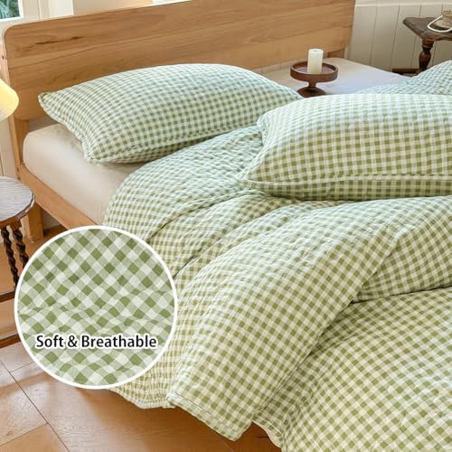 Sage Green Gingham Twin Quilt Set, Soft Pre-washed Microfiber Green Plaid Twin Bedspread, Lightweight Checked Summer Quilt, Grid Bedding Coverlets for All Seasons (Includes 1 Quilt, 1 Pillow Sham) NSNLGSGC