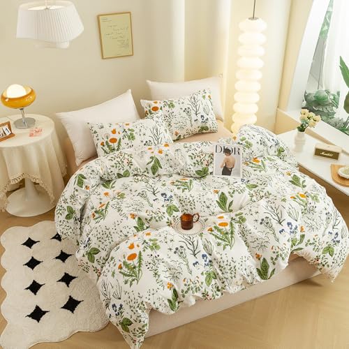 ECOCOTT 3 Pieces Floral Duvet Cover Sets King Size,100% Natural Cotton Floral Pattern 1 Duvet Cover with Zipper and 2 Pillowcases, Ultra Soft and Easy Care Breathable Cozy Simple Style Bedding Set ECOCOTT