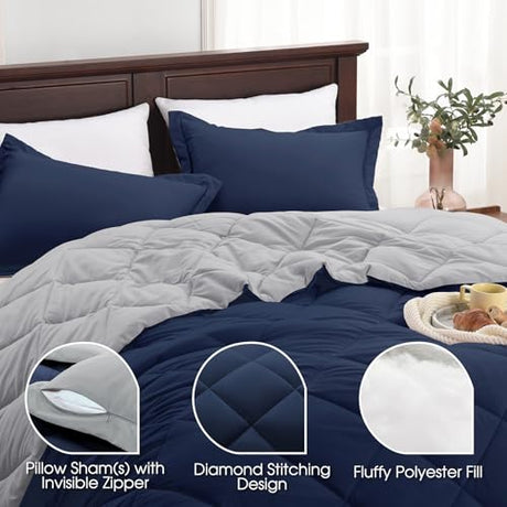 Basic Beyond Queen Comforter Set - Navy Blue Comforter Set Queen Size, Reversible Bed Comforter Queen Set for All Seasons, Navy/Grey, 1 Comforter (88"x92") and 2 Pillow Shams (20"x26"+2") Basic Beyond