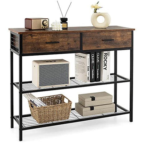 Giantex 39.5” Console Table with Storage Drawer - Entryway Table with 2 Drawers, 2-Tier Shelves, Anti-Toppling Design, Metal Frame, Sofa Side Table for Hallway, Living Room Entry Table (Brown) Giantex