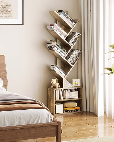 SUNMORY Rustic Brown 6-Tier Tree Bookshelf with Storage Cabinet for Small Spaces - WoodArtSupply