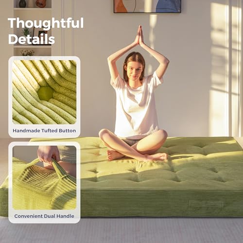 MAXYOYO 8" Full Size Folding Mattress with Handles, Tufted Foldable Couch Bed(Frame Not Included), Versatile Folding Mattress for Floor Sleeping, Living Room & Guest Room, Green MAXYOYO