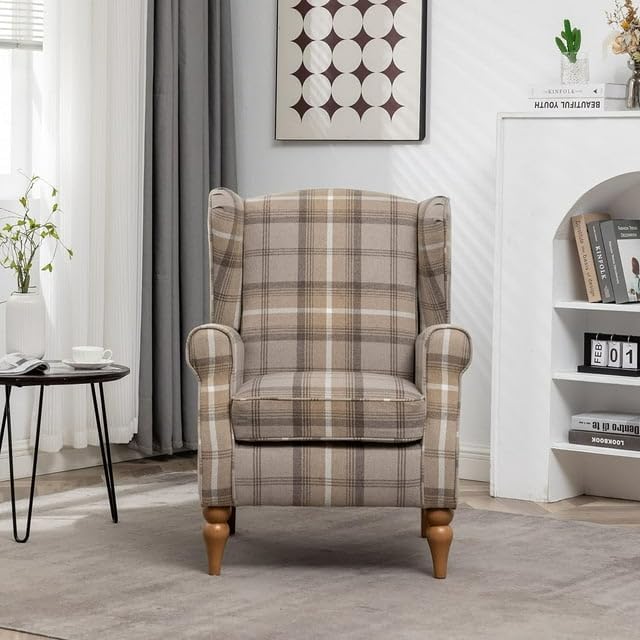 PATIOPTION Modern Accent Chair with Retro Wood Legs, Comfy Upholstered Armchair,Tantan Check Design Single Sofa Chair for Living Room Bedroom Office - Natural PATIOPTION