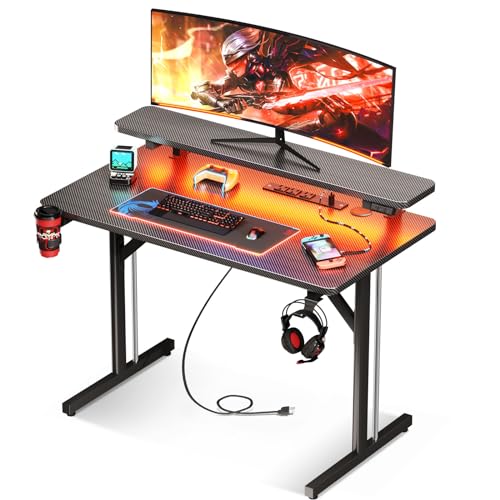 MOTPK Small Gaming Desk with LED Lights & Power Outlets, 31 Inch Computer Desk Gaming Table with Monitor Shelf, Gamer Desk with Carbon Fiber Texture, Kids Boys Desk Gift for Men - WoodArtSupply