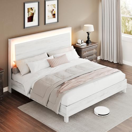 LUXOAK King Size Wood Bed Frame with RGBW LED Light, Mid-Century Modern Platform Bed with Floating Headboard and Solid Wood Legs, No Box Spring Needed, Easy Assembly, Distressed White LUXOAK