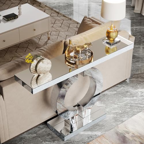 Tribesigns Modern Mirrored Console Table, Glass Sofa Table with Mirror Finish, 43-Inch Entryway Table with O-Shaped Base, Rectangular Accent Foyer Table for Living Room Hallway Entrance (Silver) Tribesigns