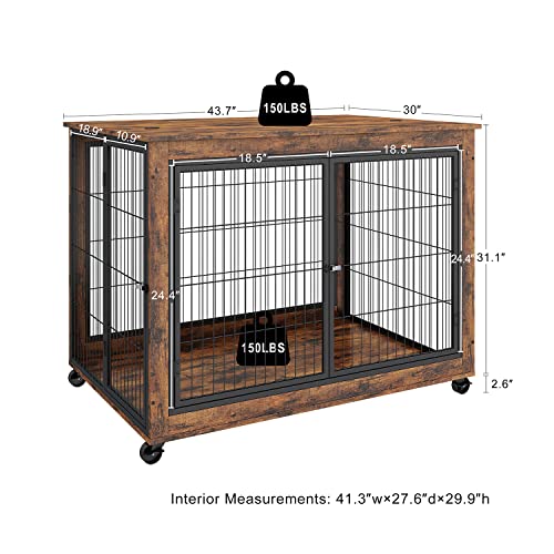 IchbinGo Dog Crate Furniture, Wooden Dog Crate Table, 43.7" Dog Kennel with 3 Doors, Flip-up Top Opening and Wheels, Decorative Pet Crate House for Large/Medium/Small Dog Indoor Use (Rustic Brown) IchbinGo