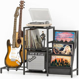 Bikoney Mid Century Modern Record Player Stand, Guitar Stand for Acoustic, Electric Guitar, Bass with Amp Stand, 3-Tier Vinyl Record Storage, Vinyl Record Display Stand for Living Room Bikoney