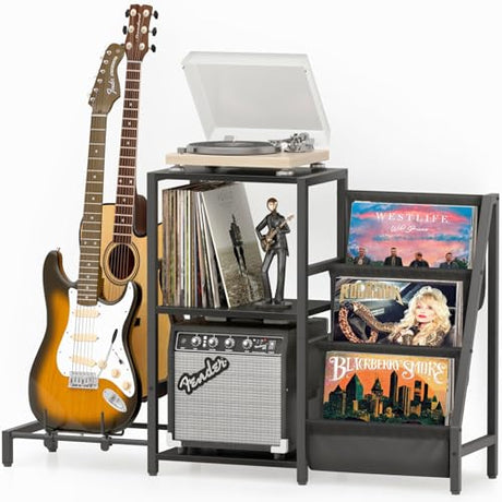 Bikoney Mid Century Modern Record Player Stand, Guitar Stand for Acoustic, Electric Guitar, Bass with Amp Stand, 3-Tier Vinyl Record Storage, Vinyl Record Display Stand for Living Room Bikoney