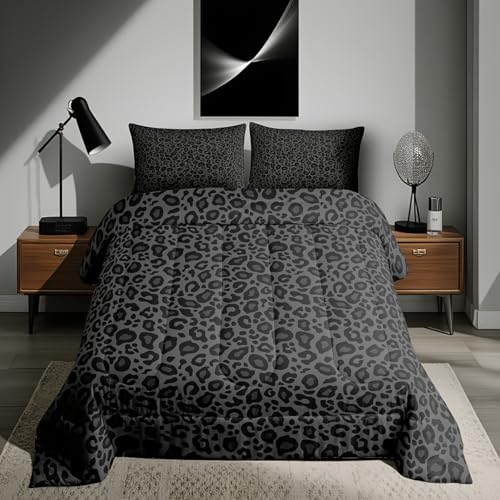 Manfei African Cheetah Wildlife Bed Comforter Set Queen Size Black Wild Animal Skin Super Soft Microfiber Bedding Set for Adults Teens Leopard Print Comforter Set 2 Pillowcases Manfei