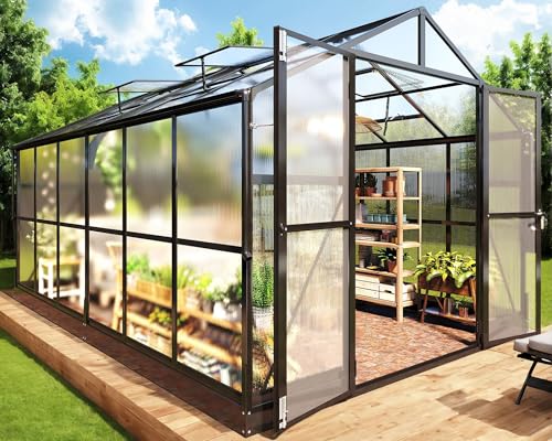 Jocisland 8x12 FT Polycarbonate Greenhouse with Quick-Connect Fittings, Large Walk-in Aluminum Greenhouse with 2 Swing Doors and 4 Vents, Winter Greenhouse for Outdoors Black