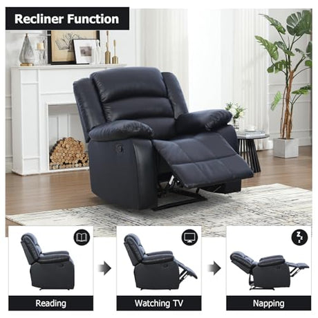 EBELLO Classic Manual Recliner Chair, Faux Leather Recliner Sofa with Overstuffed Arms and Back Single Reclining Couch for Living Room, Bedroom, Black EBELLO