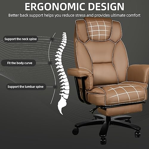 Sucrever Reclining Office Chair with Footrest, Big and Tall Home Office Desk Chairs 400lbs with High Back, Criss Cross Wide Seat, Heavy Duty Base, Pu Leather, Brown Sucrever