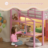 VIAGDO Low Loft Bed Twin Size with 9 Storage Drawers and LED Lights, Metal Twin Loft Bed with Stairway Shelf Storage, Low Loft Bed with Safety Guardrail and Under-Bed Hideaway for Kids, Pink VIAGDO