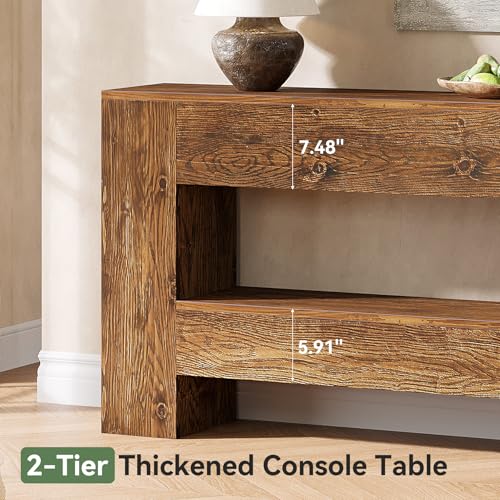 TRIBEWOOD Solid Wood Console Table, 63-Inch Farmhouse Entryway Table with 2-Tier Storage Shelf, Rustic Wooden Narrow Long Sofa Table Behind Couch for Entryway, Hallway, Foyer, Living Room, Brown TRIBEWOOD