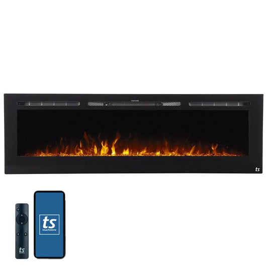 Touchstone Smart Electric Fireplace-The Sideline® 72 Inch Wide-in Wall Recessed-30 Realistic Ember Color/Flame Options-1500W Heater w/Thermostat-Black-Log & Crystal Hearth Options -Alexa/WiFi Enabled