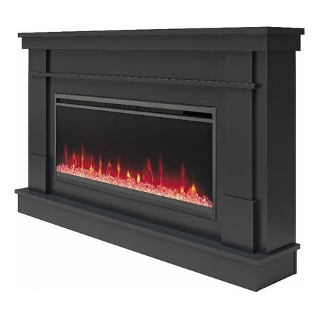 Novogratz Waverly 64 Inch Electric Fireplace with Mantel, Replaceable Fireplace Insert Heater, Remote Control, Timer, Color Changing Crystal Ember Flames, For Living Room or Bedroom, Black Novogratz