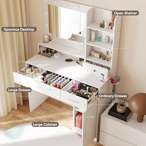 DUMOS Vanity Desk Makeup with Mirror LED Lights, White Table with Power Outlet 2 Drawer, 4 Storage Shelves Cabinet & 3 Lighting Mode Adjustable Brightness, Dressing Tables for Bedroom DUMOS