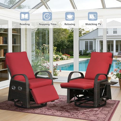 Skypatio Outdoor Patio Swivel Recliner Chair, Independently Adjustable Backrest and Footrest Patio Wicker Reclining Lounge Chair with Flip Side Table for Indoor, Balcony, Porch(Red) Skypatio