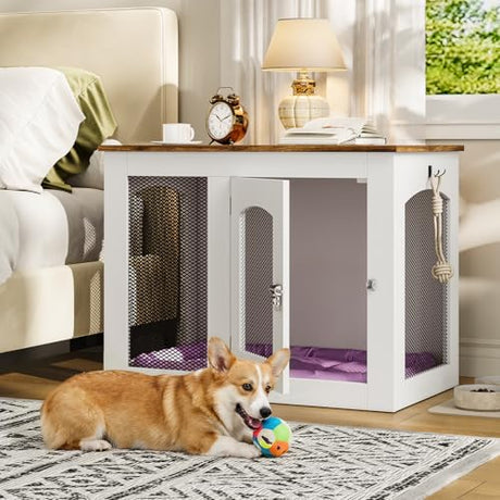 CHOEZON Wooden 30.1" Dog Crate Furniture, Farmhouse Pet Cage End Table with Secure Lock, Ventilated Mesh for Medium Dogs, Dog Kennel Furniture for Living Room, Bedroom, White and Walnut MGW02WL CHOEZON